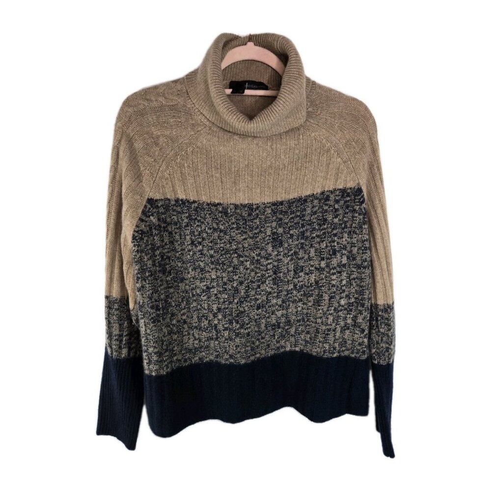 360 Cashmere Zena Turtleneck Navy Tan Colorblock Womens Sweater M - Picture 2 of 8